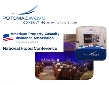 PotomacWave is exhibiting at the National Flood Conference in Washington, DC. The image shows a picture of a panel event and PotomacWave's booth on the exhibitor space.